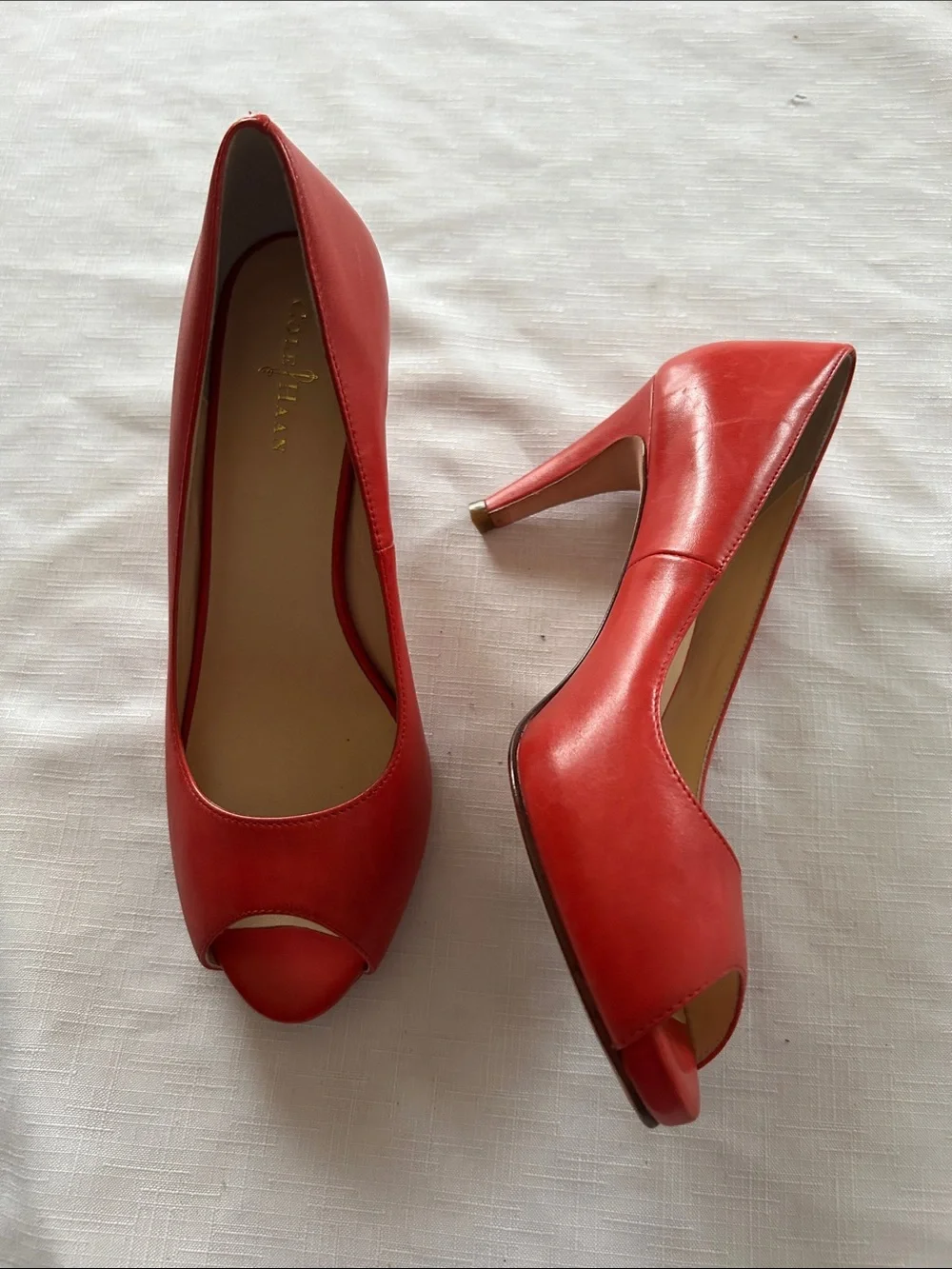 Cole Haan Red Peep-Toe Leather Pumps